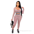 New Fashion Women Long Sleeve Striped Patchwork Tracksuit